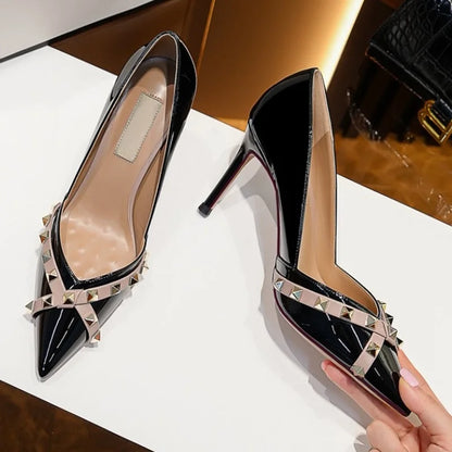 Metal Rivet Corss Tied High Heel Pumps Pointed Toe Thick Heel Matte Leather New Arrivals Fashion Women Modern Shoes