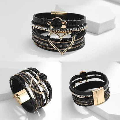 Bracelet for Women Bohomian Leather Wrap Multi-Layer Heart Bracelet Bangle Jewelry Gift Fashionable Wrist Accessory