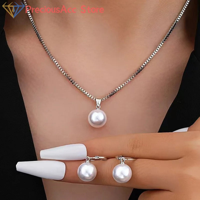 2 Pieces Of Round Pearl Jewelry Set, Earrings, Pendants, Necklaces, Ladies' Exquisite And Fashionable Wedding Jewelry Set,Gifts