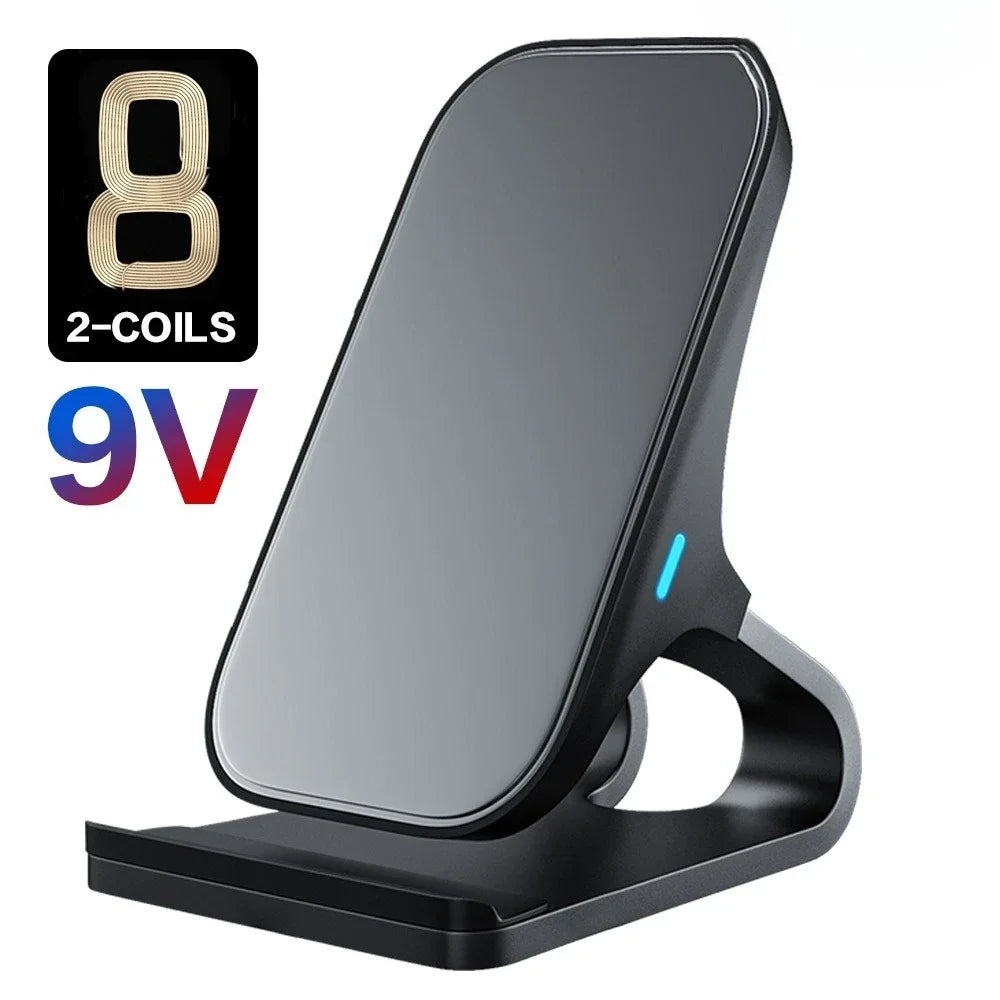 Wireless Charger Mount 10W 7.5W 5W Qi Fast Charging Pad Dual Coils Case Friendly Anti-Slip Rubber Type-C Input Phone Accessory