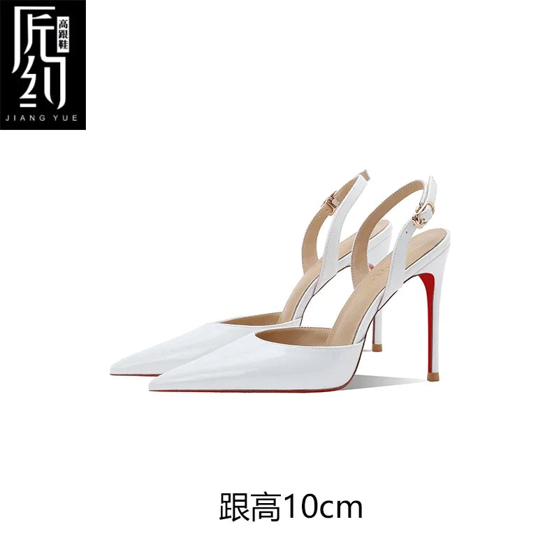 White patent leather toe back empty strap sandals for women, pointed thin heels, shallow mouth, high heels, single shoes