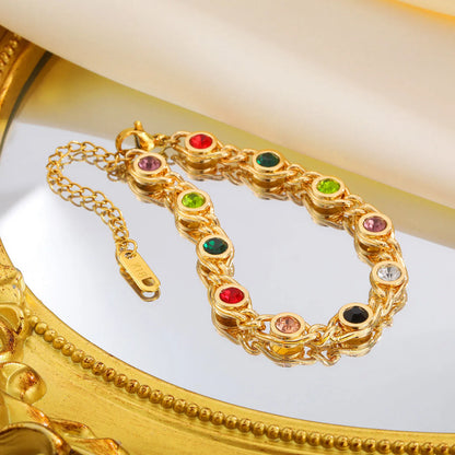 Colorful Zircon Bracelet for Women, 18k Gold Plated Birthstone Bangle, Waterproof Chain Jewelry