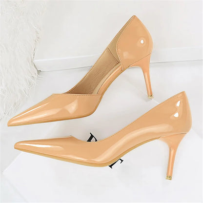 Women 7.5cm 10.5cm High Heels Yellow Pumps Office Stiletto Wedding Bridal Scarpins Short Heels Lady Hollow Party Shoes