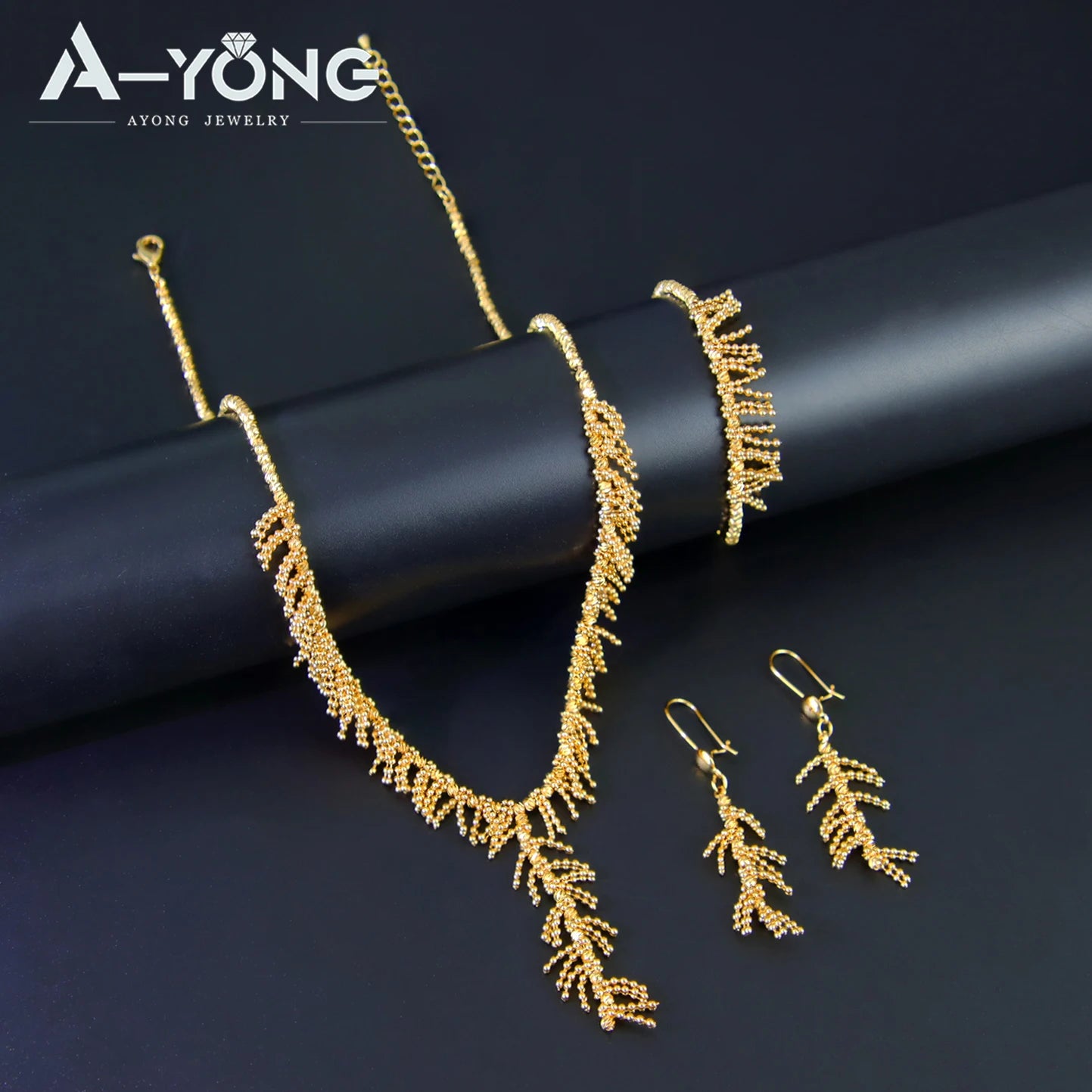 Gold Plated Tassel Wheat Necklace Set 21k Gold Color Saudi Chic Bohemian Choker Italian Women Wedding Party Jewelry