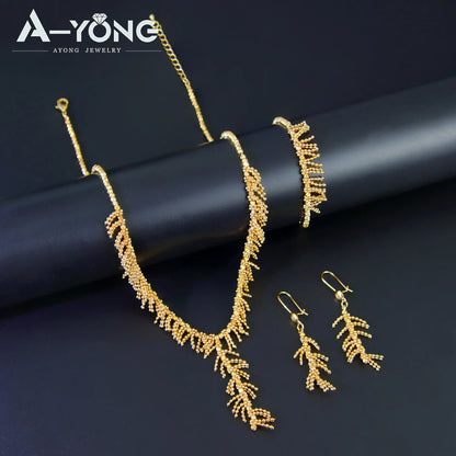Gold Plated Tassel Wheat Necklace Set 21k Gold Color Saudi Chic Bohemian Choker Italian Women Wedding Party Jewelry
