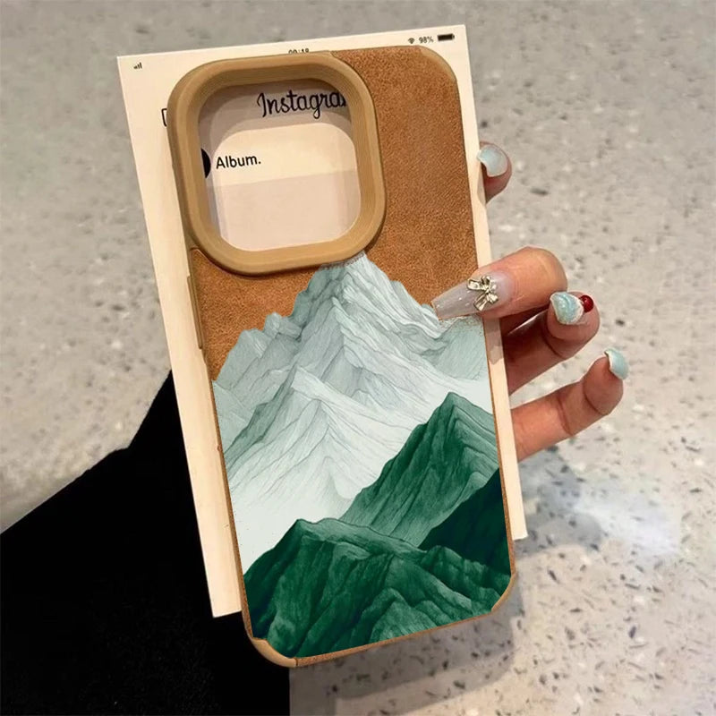 For iPhone 17 16 Pro Max 15 14 13 12 11 Case Mountain Motif Lake Scenery Cover For iPhone XS Max XR X 16 Plus Faux Leather Funda