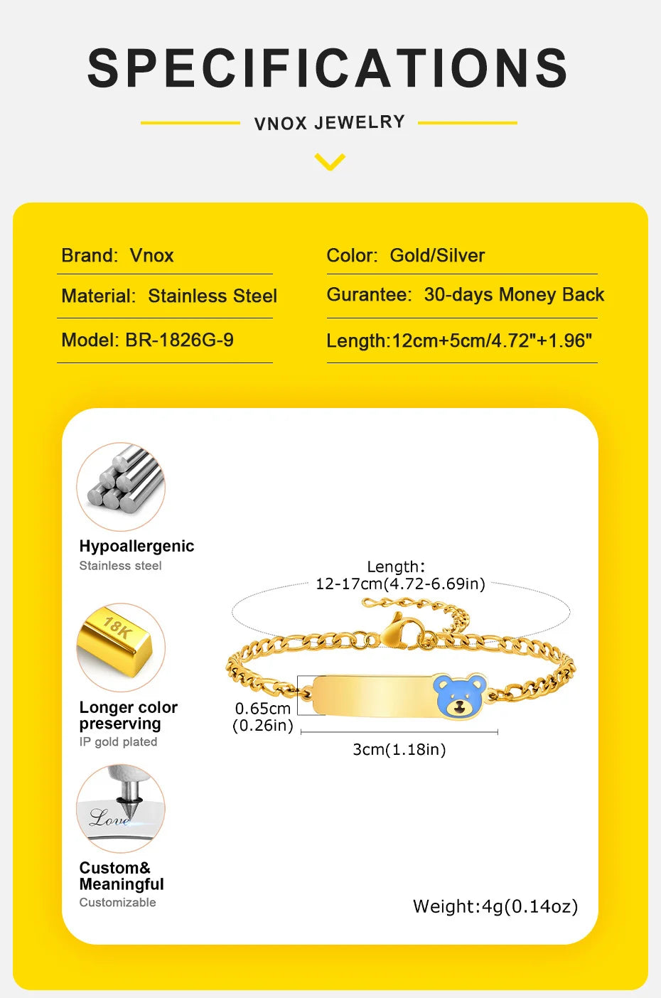 Vnox Personalized Baby Names Bracelets,Custom Baptism Gift, Anti Allergy Stainless Steel Chain Bracelets, Gifts to Newborns