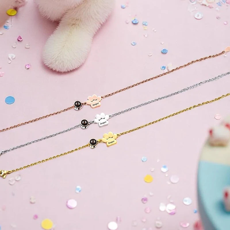 Custom Photo Projection Name Bracelets Personalized Picture Dog Cat Paw Charm Custom Name Text Pet Jewelry Gifts for Women