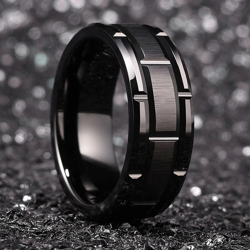 Fashion Men 8MM Stainless Steel Ring Black Color Brushed Double Groove Pattern Men's Wedding Ring Party Jewelry For Women Gift