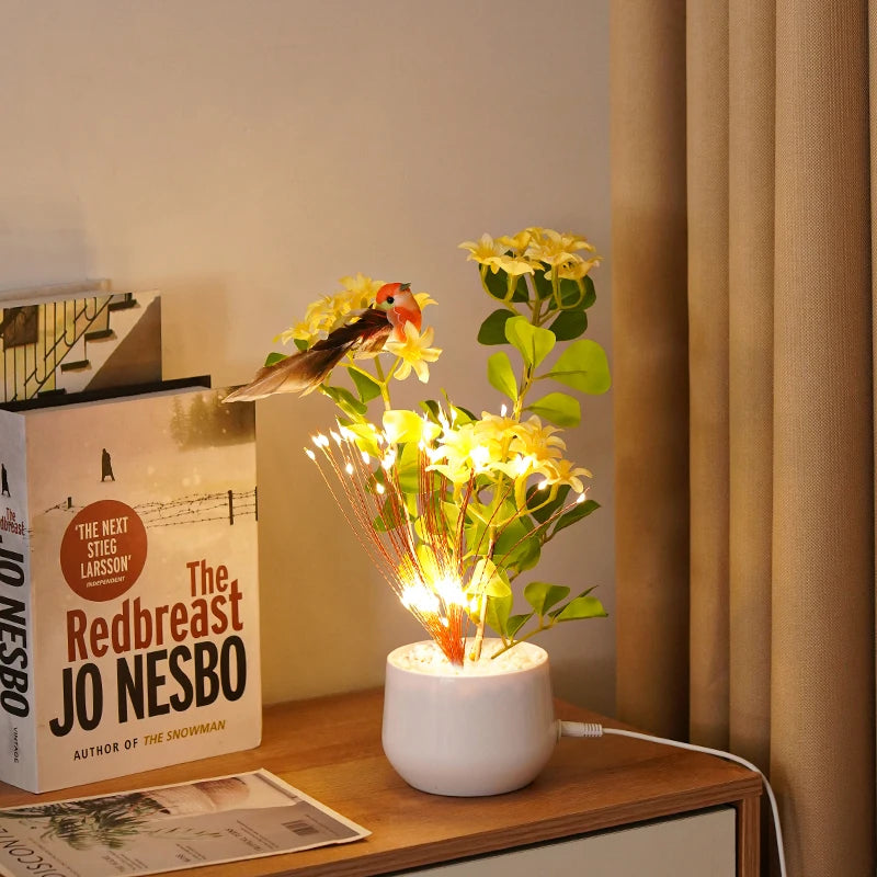 LED Flower and Bird Potted Lamp, Artificial Flower Table Lights, for Camping Gift Living Room Bedroom Mother Home Decor Lamp