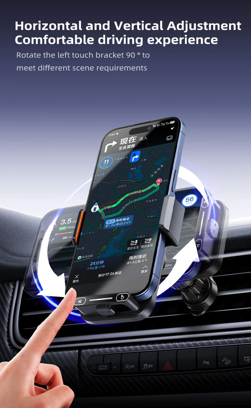 Car Phone Charger Phone Holder 66W Wireless & Wired Charger Auto Sensing One-Touch Release and Rotation Qi FCC ROHS Certified