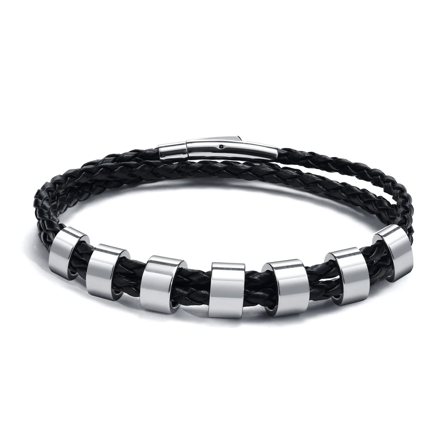 Vnox Free Custom Name Mens Braided Genuine Leather Bracelet Gifts Jewelry,Stainless Steel Beads Charm with Family Names,Dad Gift