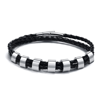 Vnox Free Custom Name Mens Braided Genuine Leather Bracelet Gifts Jewelry,Stainless Steel Beads Charm with Family Names,Dad Gift