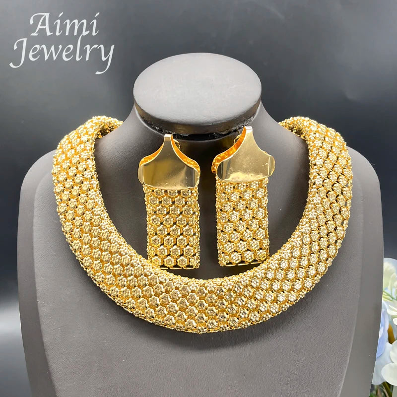 Trendy African Jewelry Set for Women Chunky Necklace Earrings Bracelet Dubai 18K Gold Plated Fashion Jewellery for Party Wedding