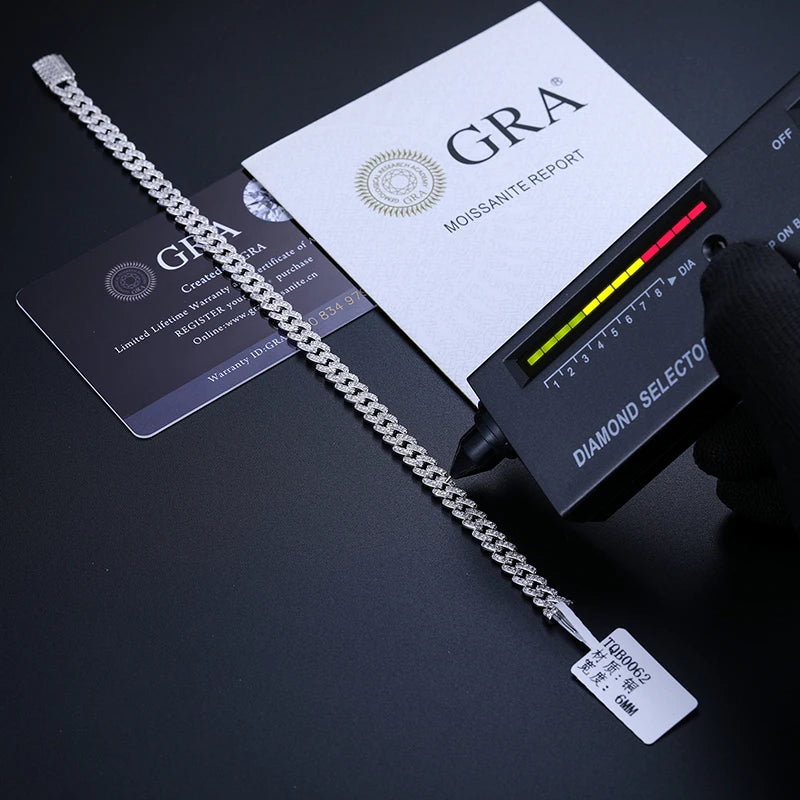 TUHE Unisex VVS1 D Color Moissanite 6mm Cuban Chain Bracelet  S925 Silver For Men Hip Hop Jewelry