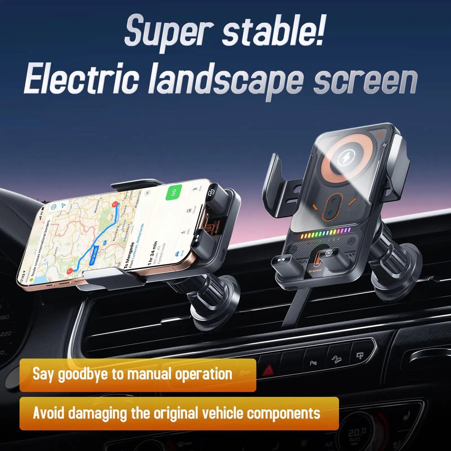 Car Air Vent Electric Rotating Opening Closing Phone Holder Fast Charging 15W Wireless Charger Dua l Coil RGB Light Smart Phones