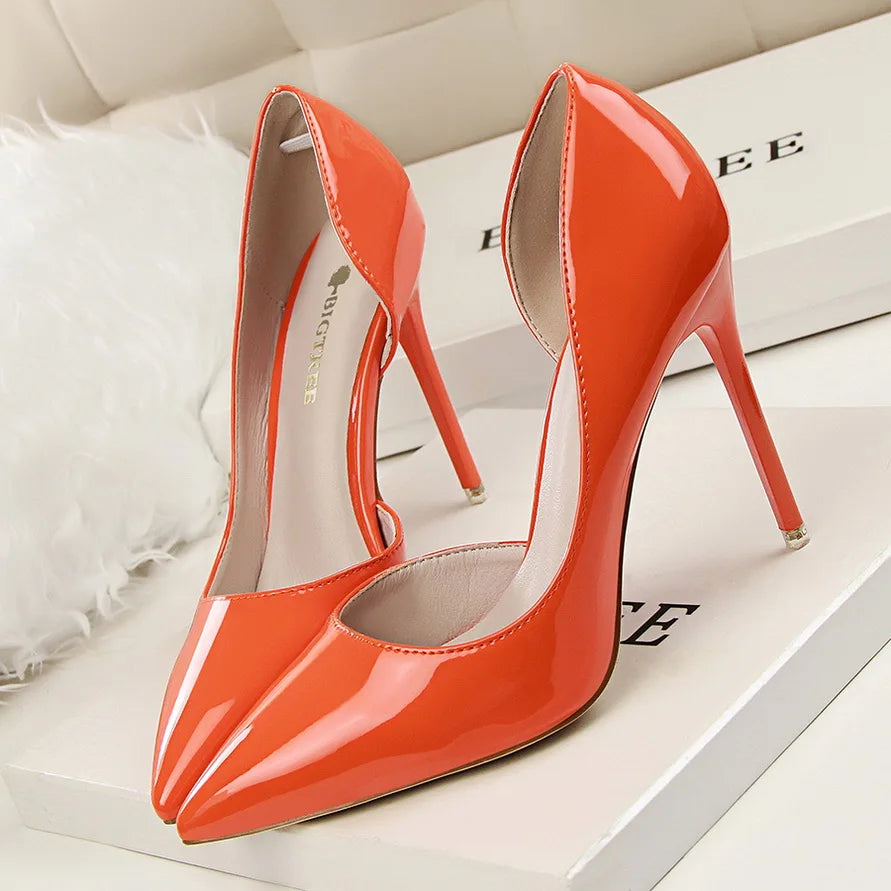 Women 7.5cm 10.5cm High Heels Yellow Pumps Office Stiletto Wedding Bridal Scarpins Short Heels Lady Hollow Party Shoes