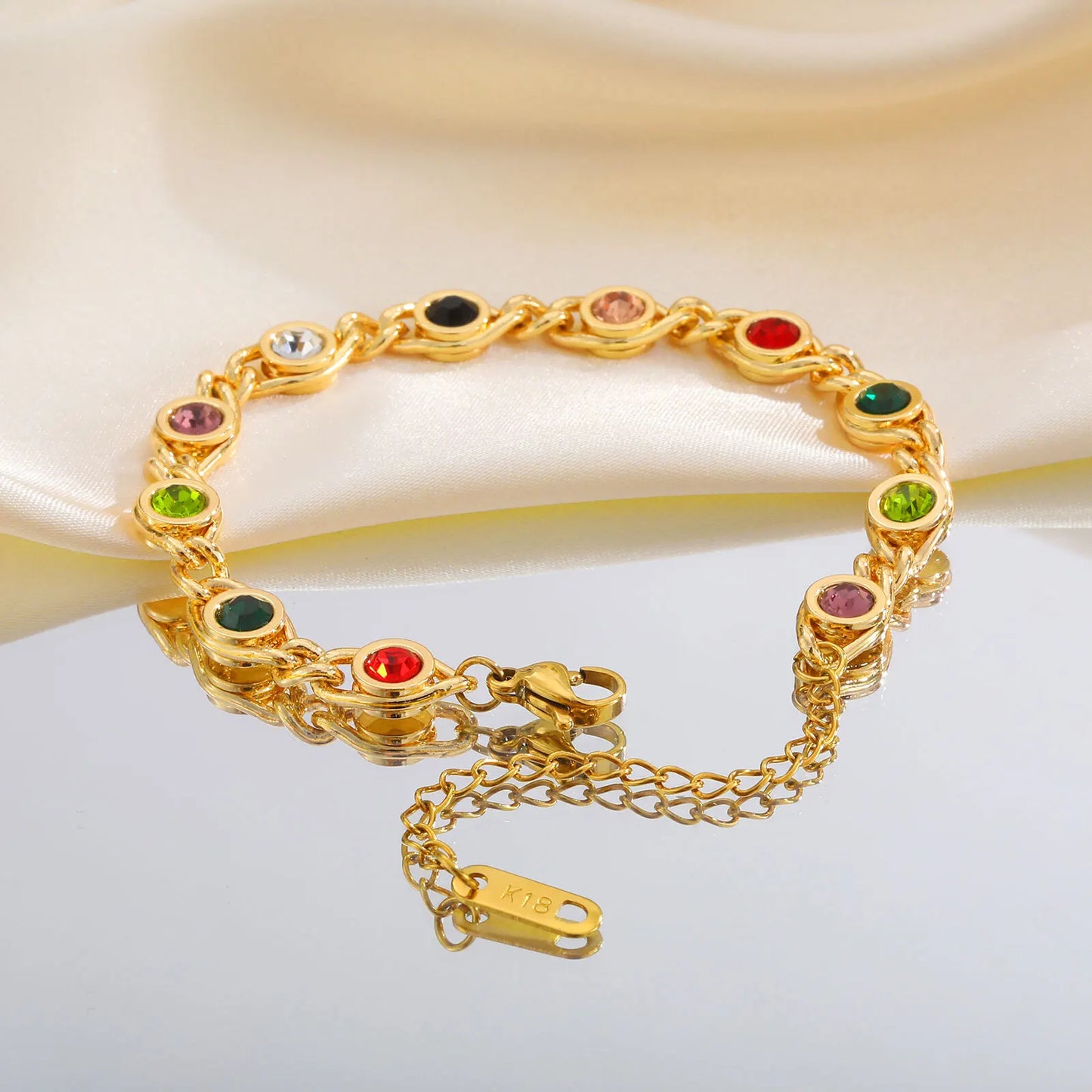 Colorful Zircon Bracelet for Women, 18k Gold Plated Birthstone Bangle, Waterproof Chain Jewelry