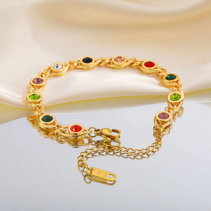 Colorful Zircon Bracelet for Women, 18k Gold Plated Birthstone Bangle, Waterproof Chain Jewelry