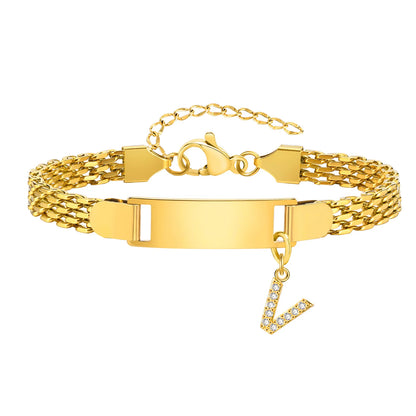 Personalized Engrave ID Name Custom Bracelet for Women Girl, Initial A-Z Letter Alphabet Pendant Stainless Steel Jewelry Gift