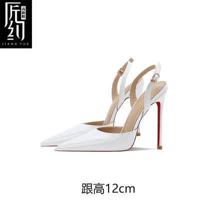 White patent leather toe back empty strap sandals for women, pointed thin heels, shallow mouth, high heels, single shoes