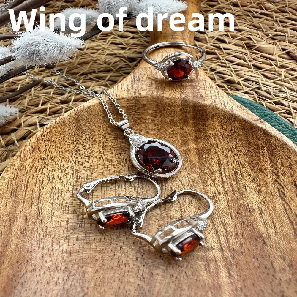 Luxury 925 Sterling Silver Jewelry Set, Inlaid With Red Crystal Zircon Necklace Earrings Ring Fashion Women's Couple Jewelry Set