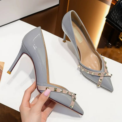 Metal Rivet Corss Tied High Heel Pumps Pointed Toe Thick Heel Matte Leather New Arrivals Fashion Women Modern Shoes