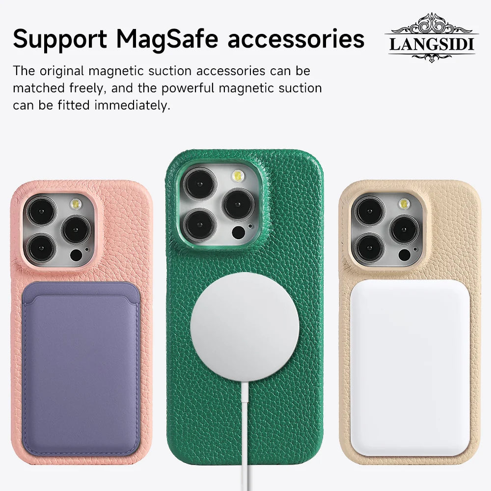for Magsafe Case for iPhone 17 15 16 Pro Max Air 17Pro Natural Cowhide Lychee Leather Magnetic Protector Luxury Phone Back Cover