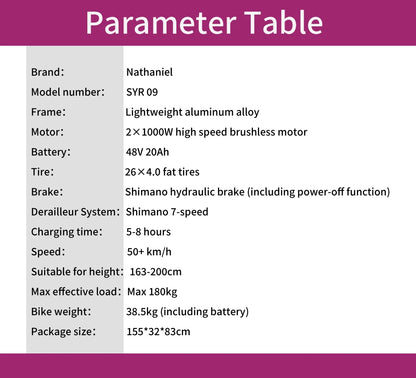 Nathaniel SYR09 adult electric bike, Dual motor 2000W,26*4.0Fat tires,48V20Ah,55KM/H, All terrain off-road E-bike