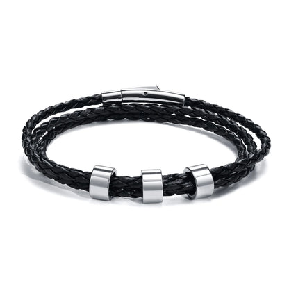 Vnox Free Custom Name Mens Braided Genuine Leather Bracelet Gifts Jewelry,Stainless Steel Beads Charm with Family Names,Dad Gift
