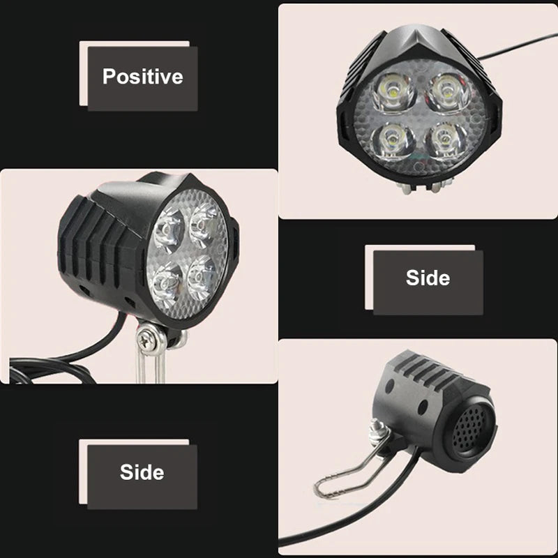 NEW E-Bike 12V 24V 36V 48V 60V 72V Electric Bicycle Light with Horn Waterproof IPX4 Headlight Horn Set Front Headlight Horn Set