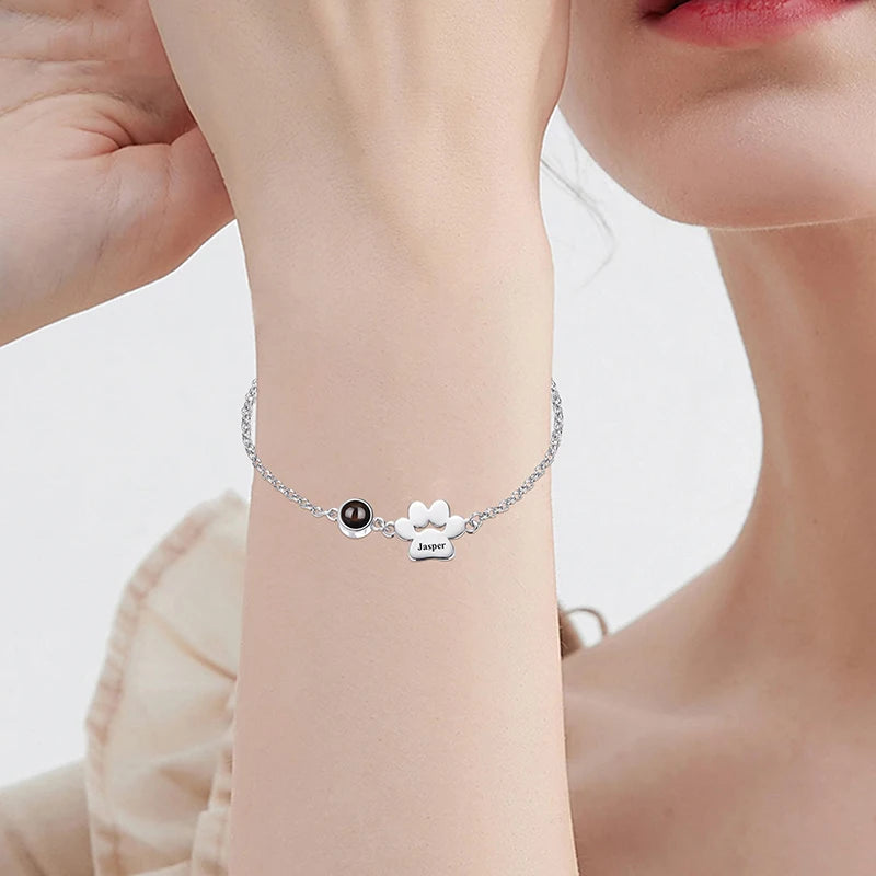 Custom Photo Projection Name Bracelets Personalized Picture Dog Cat Paw Charm Custom Name Text Pet Jewelry Gifts for Women