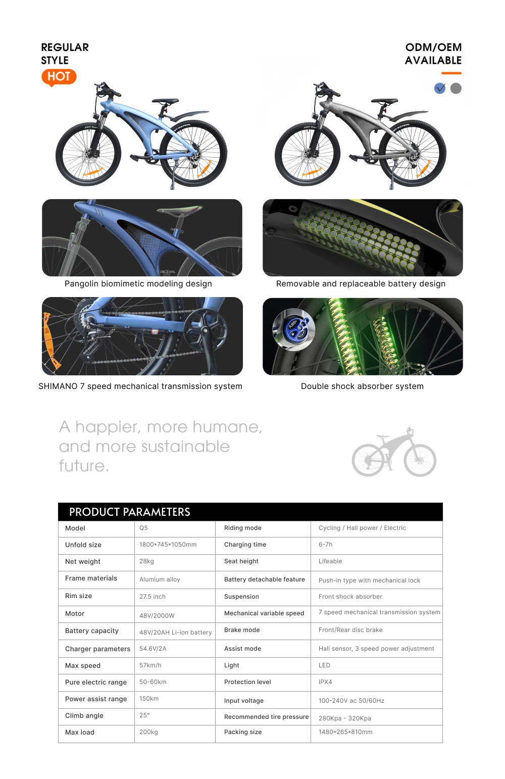 HX Q5 2000W Ebike Adult Electric Mountain Bicycle 27.5*2.25 Inch Electric Bike 57km/h Removable Battery Moped E Bikes Road Bike