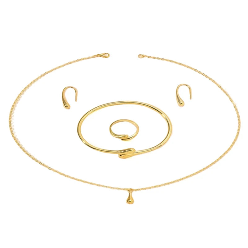 Ladies' Fashion Tear Bead Jewelry Set Gold Ring Necklace Bracelet Earring Four Piece Set Suitable For Engagement Jewelry Gifts