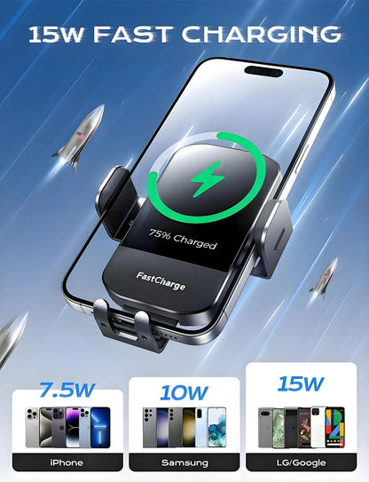Wireless Car Charger, 2025 Upgrade 15W Fast Charging Auto Clamping Car Phone Holder Charger, Phone Holders for car Mount