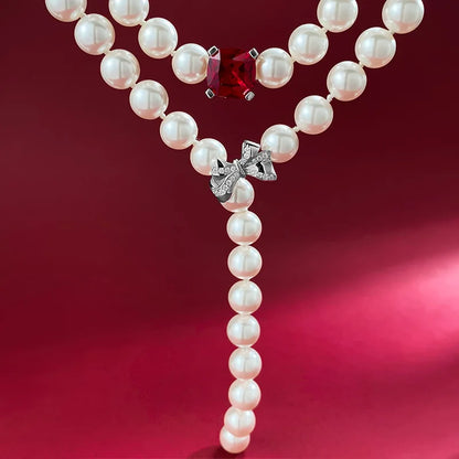 Red Jewel Bow Statement Freshwater Pearl Women Wedding And Engagement Necklace Sterling Silver 925 Luxury Jewellery For Wom