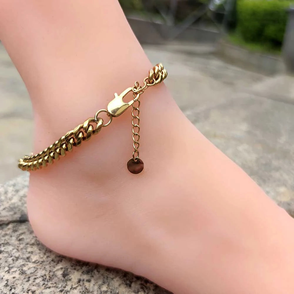 Hip Hop Stainless Steel 18K Plated Gold Anklet Cuban Link Chain For Women Gift Bling