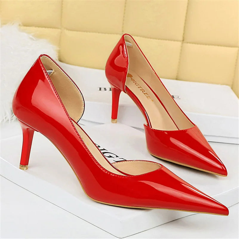 Women 7.5cm 10.5cm High Heels Yellow Pumps Office Stiletto Wedding Bridal Scarpins Short Heels Lady Hollow Party Shoes