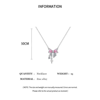 Fashion Fairy Pink Crystal Bow Knot Pendant Necklaces Y2K Girls Sweet Rhinestone Heart Clavicle Chain Women Jewelry Gifts