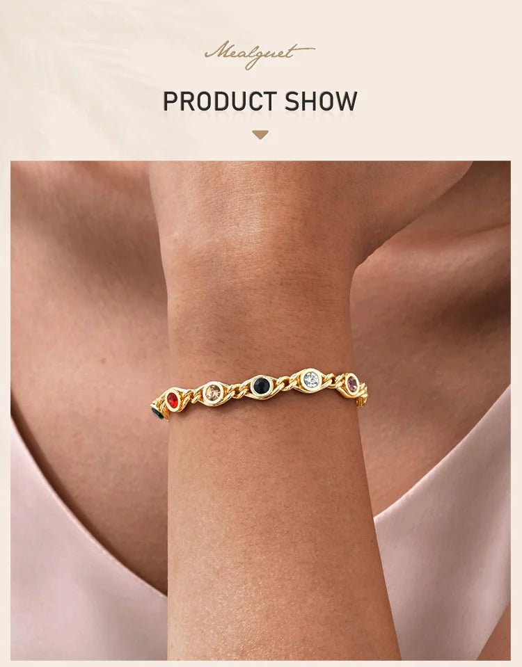 Colorful Zircon Bracelet for Women, 18k Gold Plated Birthstone Bangle, Waterproof Chain Jewelry