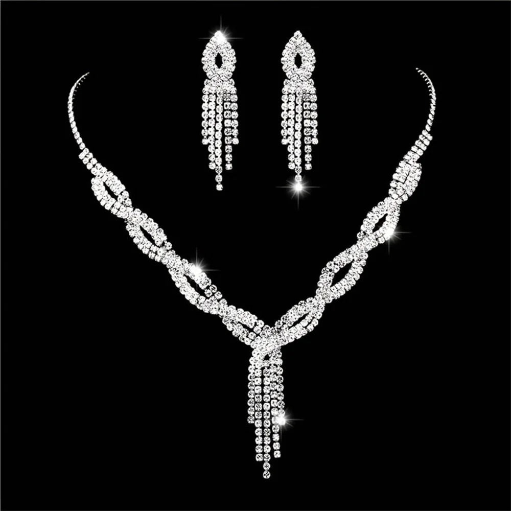 Elegant Women's Jewelry Set Rhinestone Tassel V-Necklace Earrings Zircon Bracelet Bridal Wedding Accessories Party Gift