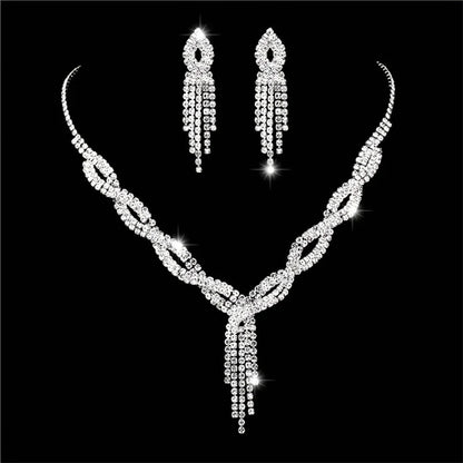 Elegant Women's Jewelry Set Rhinestone Tassel V-Necklace Earrings Zircon Bracelet Bridal Wedding Accessories Party Gift
