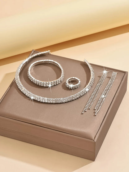 5pcs Luxurious Rhinestone Jewelry Set for Women,Choker, Earrings, Stretch Bracelet & Ring for Weddings, Banquets & Parties