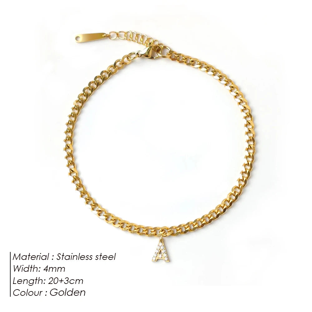 eManco Personalized DIY Accessories Stainless Steel Zirconia Alphabet Customized Women's Anklets Gold-plated Jewelry Wholesale
