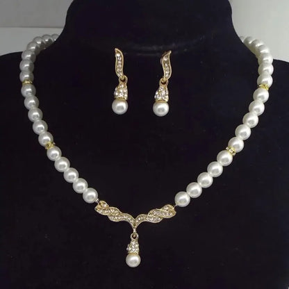 Elegant Necklace Earrings Women Fashion Jewelry Set Faux Pearl Bridal Wedding Alloy Party Studs Necklace Earrings Set