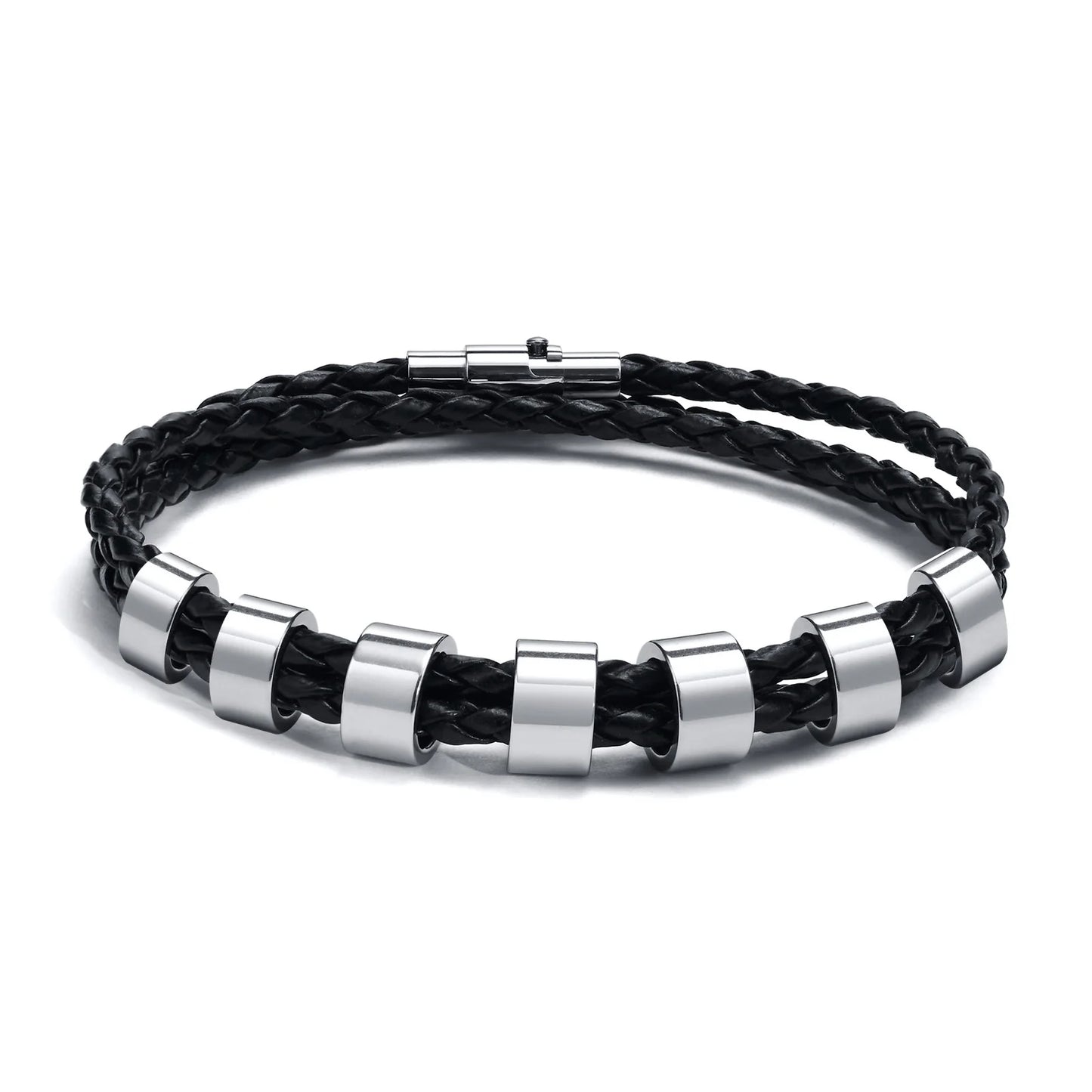 Vnox Free Custom Name Mens Braided Genuine Leather Bracelet Gifts Jewelry,Stainless Steel Beads Charm with Family Names,Dad Gift