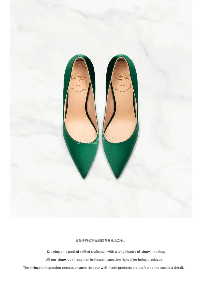 2025 Winter New High-heeled Shoes for Women, Green, Real Silk Satin, Thin Heel, Pointed Toe,Elegant,12cm,Single Shoes for Ladies