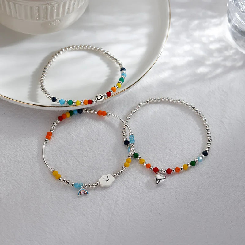 925 Sterling Silver Bracelet Wholesale Colored Hand Beads Smiling Face Rainbow Cloud Love Little Bear Beads Handicraft Gift
