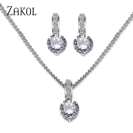 Elegant Bridal Wedding Jewelry Sets Female Round Clear Crystal Zirconia Pendant Necklace Earrings Party Jewellery for Women