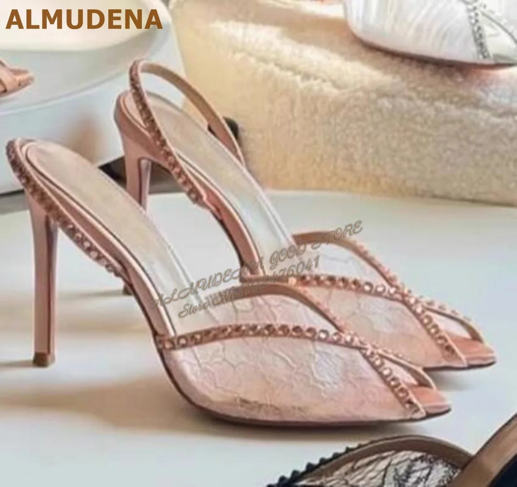 ALMUDENA Lace Flowers Mesh Crystal Sandals Stiletto Heel Pointed Toe Bling Bling Rhinestone Slingback Wedding Shoes Floral Pumps
